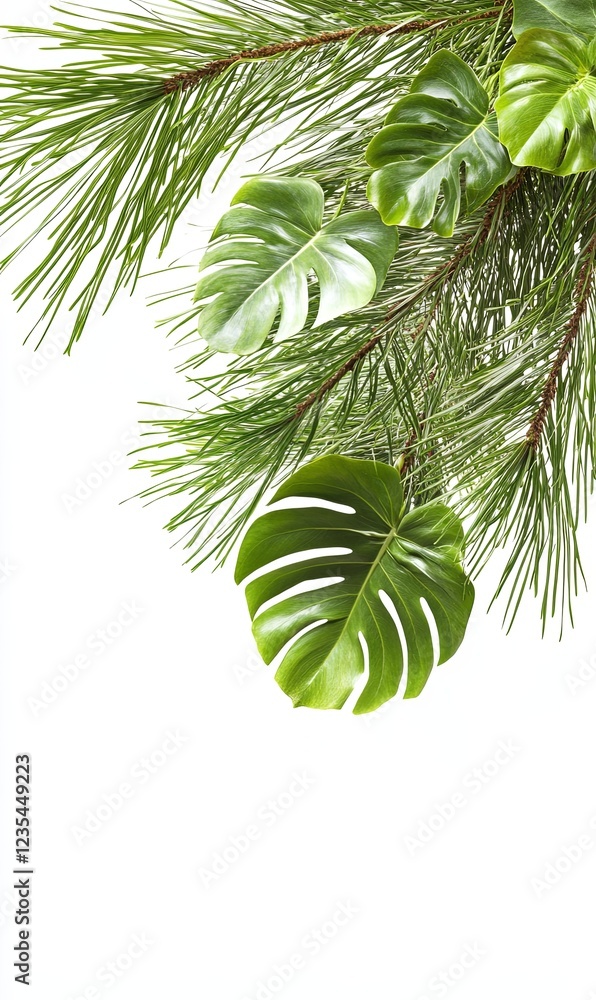 Fototapeta premium Tropical monstera and pine leaves border on white background for design