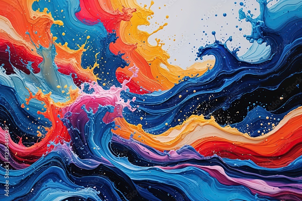 Dynamic Abstract Color Splash Landscape with Fluid Ribbon Brush Strokes and Textured Acrylic Waves Dynamic Abstract Color Splash Landscape with Fluid Ribbon Brush Strokes and Textured Acrylic Waves