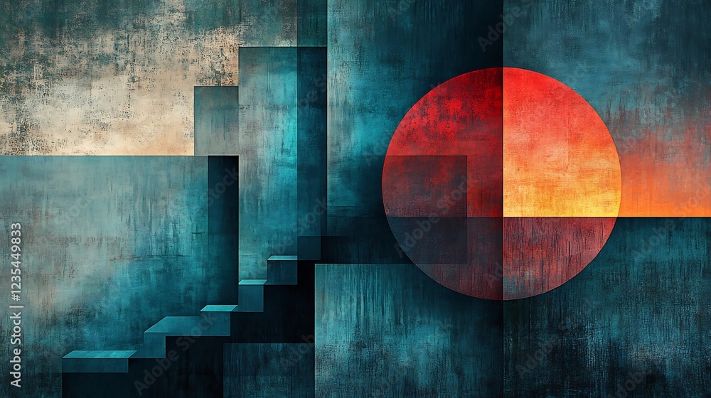 Naklejka premium Abstract Teal Red Geometric Sun Art Print. AI Generated