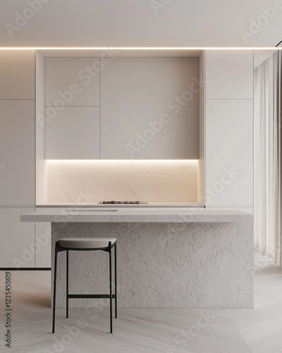 A minimalist white kitchen with a light grey stone island, vertical strip lighting on the cabinet front wall behind the counter, white walls, and white cabinets