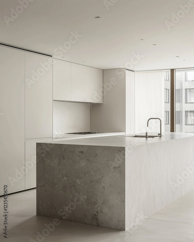 A minimalist white kitchen with light grey textured marble wall panels and an island