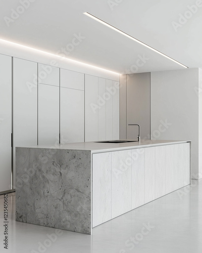 A minimalist white kitchen with light grey textured marble wall panels and an island