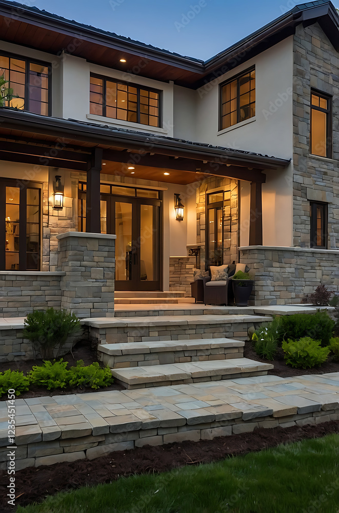 Luxury Modern Home Exterior at Night: Stone Facade, Grand Entrance, and Landscaped Pathway Luxury Modern Home Exterior at Night: Stone Facade, Grand Entrance, and Landscaped Pathway