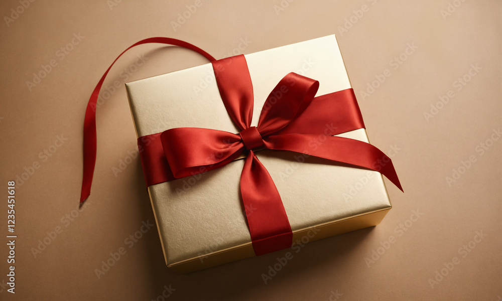 Golden gift box with red ribbon Golden gift box with red ribbon