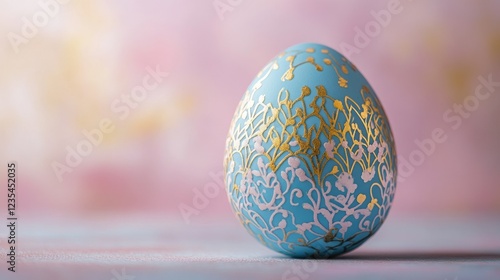 Luxurious blue egg with golden lace patterns displayed on a soft pastel background, emphasizing elegance and craftsmanship.