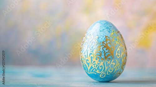 Luxurious blue egg with golden lace patterns displayed on a soft pastel background, emphasizing elegance and craftsmanship.