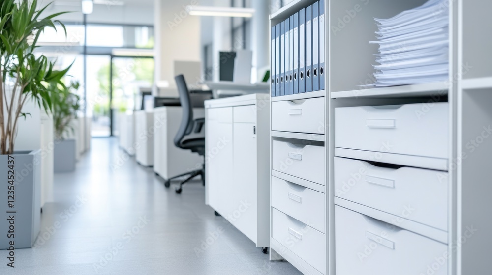 Fototapeta premium Modern office interior with organized shelves, filing cabinets, and large windows showcasing bright natural light