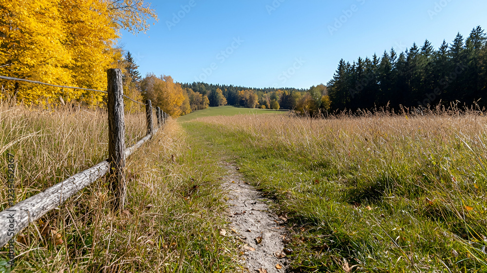 Fototapeta premium Dirt path winds through a grassy meadow next to a rustic wooden fence under a clear blue sky during autumn.