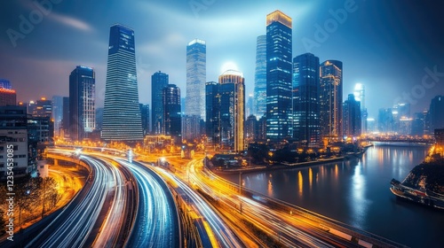 Modern urban skyline featuring innovative architecture and high-tech infrastructure, illuminated by vibrant city lights.