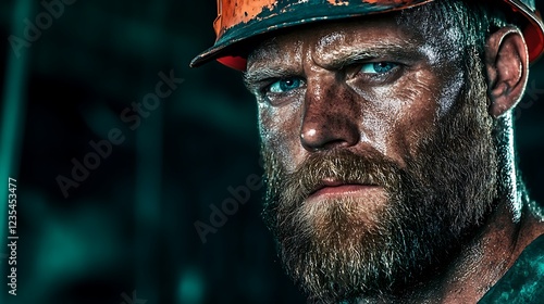 Grizzled Construction Worker Portrait: Close-up of a Sweaty, Bearded Man in a Hard Hat