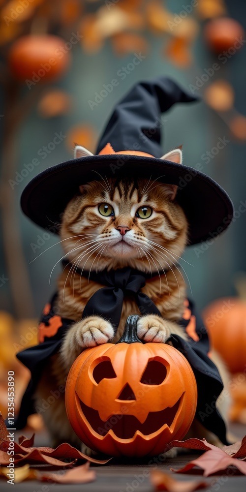 Naklejka premium A festive feline dons a witch's hat, surrounded by autumnal delights and a jack-o'-lantern companion