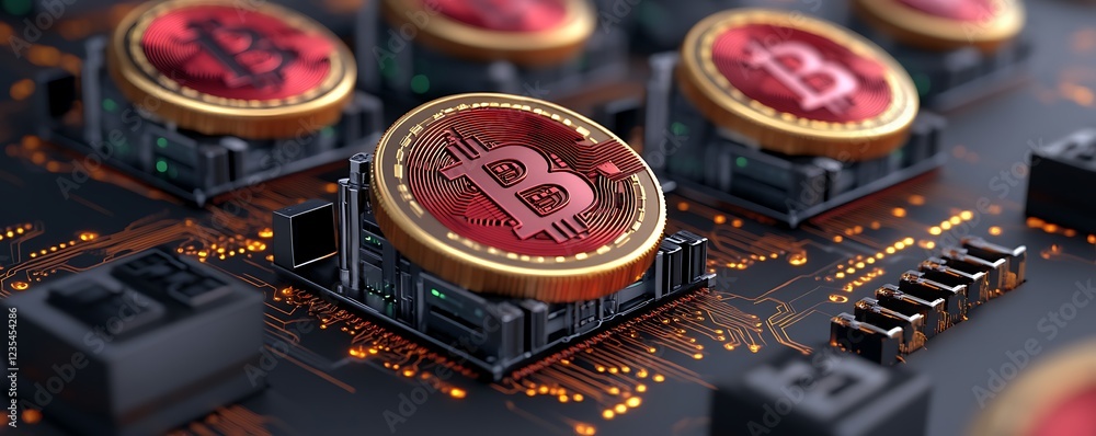 Fototapeta premium Bitcoin Cryptocurrency Mining on a Circuit Board