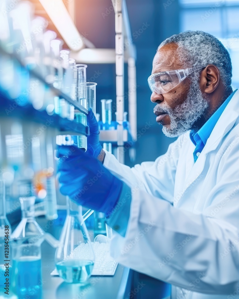 Senior Scientist Conducting Experiment with Lab Equipment in Laboratory Senior Scientist Conducting Experiment with Lab Equipment in Laboratory