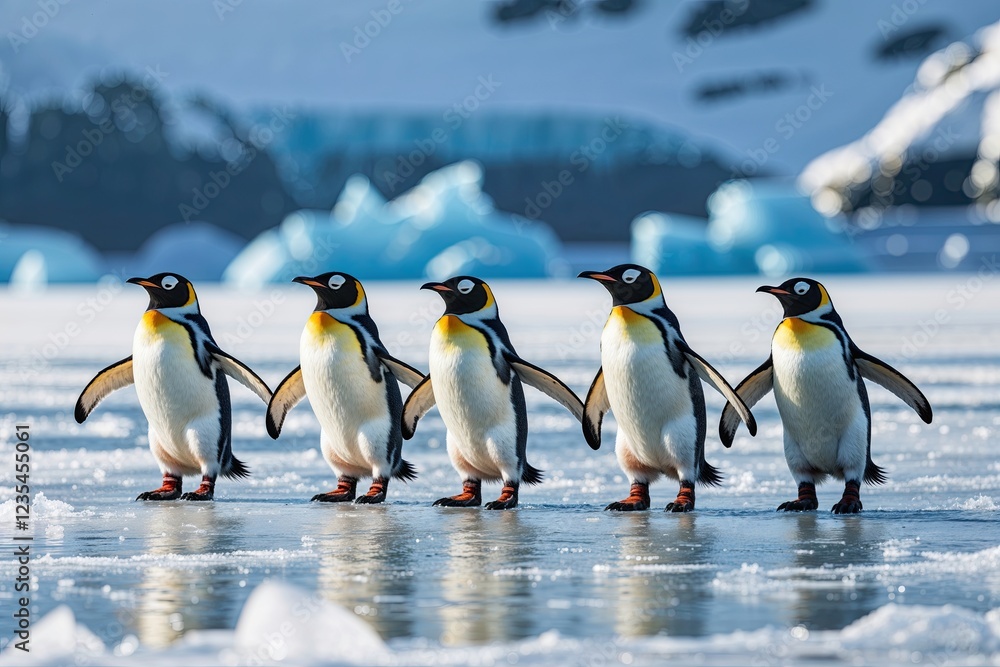 Obraz premium Waddling Penguins Playing on Ice in a Winter Wonderland