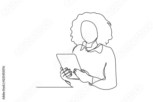 A minimalist line drawing of a woman with curly hair using a tablet.
