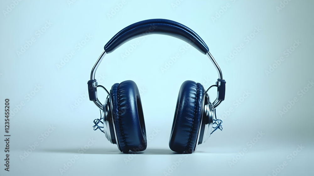 3D Rendering of Blue Leather Headphones on Light Blue Background 3D Rendering of Blue Leather Headphones on Light Blue Background