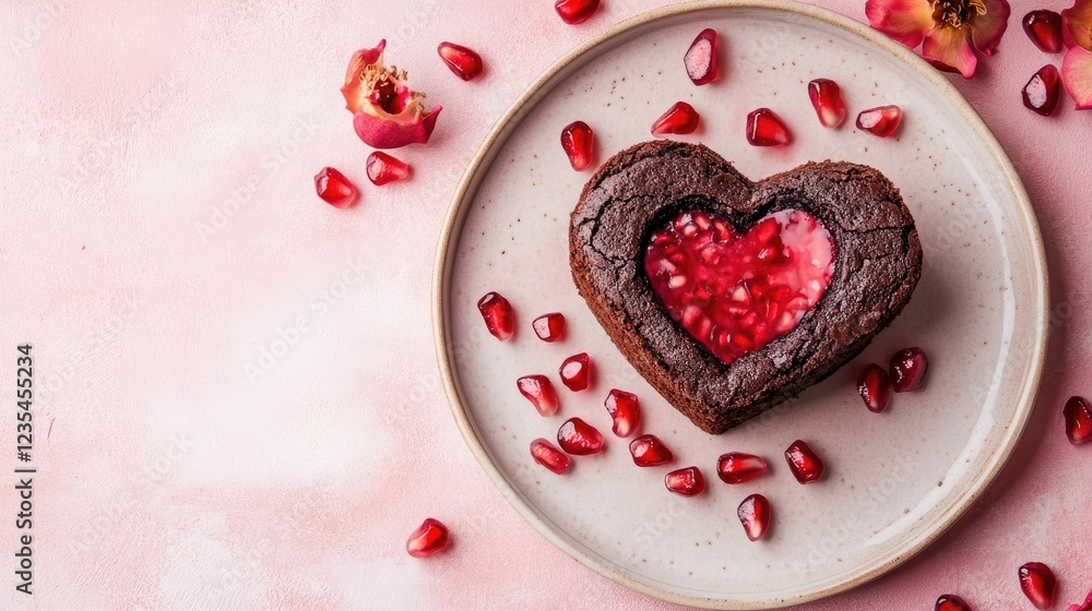 Romantic dessert setup featuring a heart-shaped brownie and pomegranate seeds on a soft pink background.