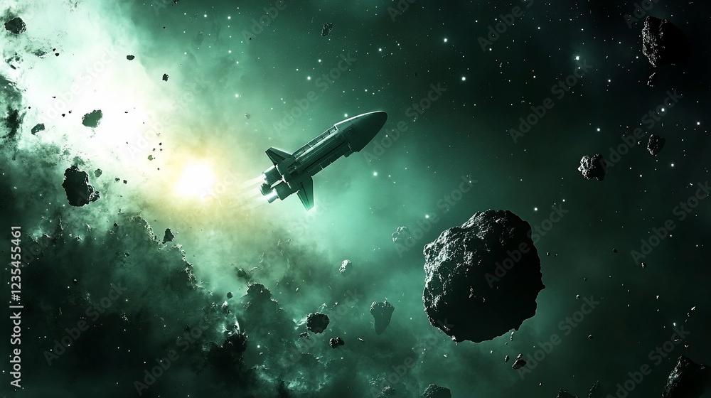 Obraz premium Spaceship Navigating Asteroid Field: A Cosmic Journey
