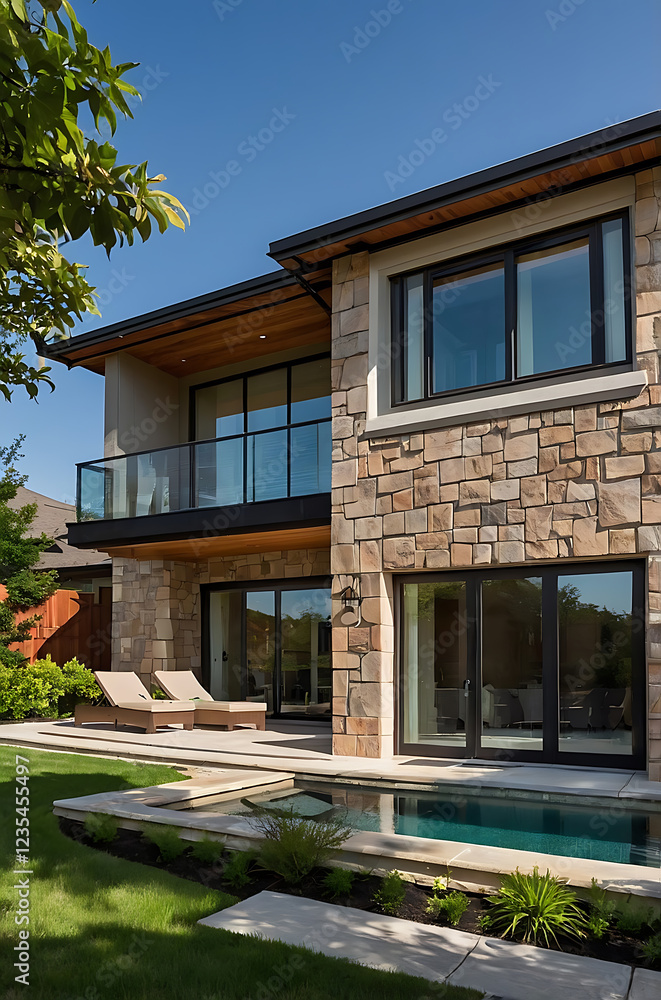 Fototapeta premium Luxury Modern House with Infinity Pool and Stone Exterior. Breathtaking Contemporary Home Design, perfect for Summer Relaxation