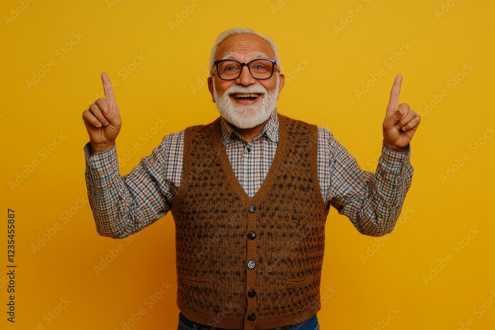 Naklejka premium Happy Indian senior man with white beard pointing up against yellow background. Cheerful Indian elderly man with glasses and a white beard, wearing a sweater vest, smiling and pointing up