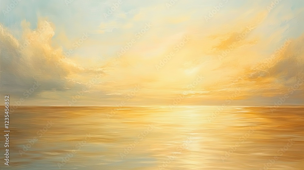 Obraz premium Sunset glow over the vast ocean, with golden hues painting the water and soft clouds floating in tranquil serenity.