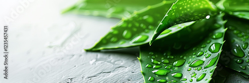 Macro water drops on green fresh aloe vera leaves with selective focus on concrete background.