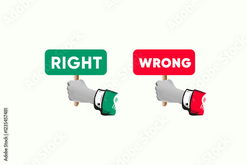 Two hands hold signs one green RIGHT, one red WRONG. Illustrates contrasting choices