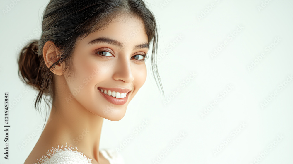 Stunning Indian woman smiling while holding a neem leaf Stunning Indian woman smiling while holding a neem leaf