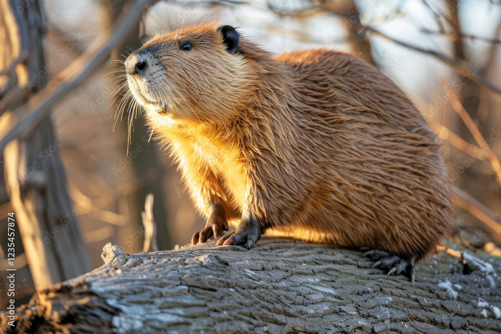 North American Beaver Sitting On A Log, Close-up Portrait Of A Wild Animal In Nature. North American Beaver Sitting On A Log, Close-up Portrait Of A Wild Animal In Nature.