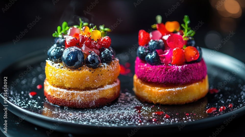 Two vibrant pastries with colorful toppings displayed elegantly on a black plate, standing out against a dark background. Two vibrant pastries with colorful toppings displayed elegantly on a black plate, standing out against a dark background.