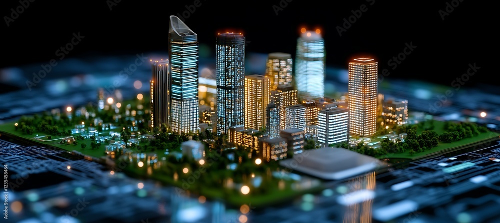 Illuminated Smart City Model on Circuit Board, Representing Technological Integration Illuminated Smart City Model on Circuit Board, Representing Technological Integration