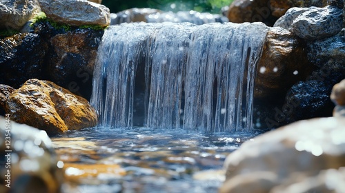Serene Waterfall Cascades Gently Over Rocks Sunlight Dapples Water. AI Generated