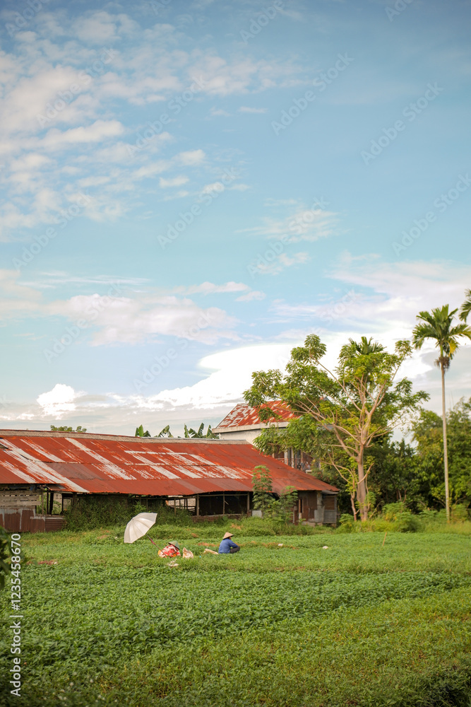 A rural farming scene with a farmer working in a lush green field near an old red-roofed barn under a bright blue sky A rural farming scene with a farmer working in a lush green field near an old red-roofed barn under a bright blue sky