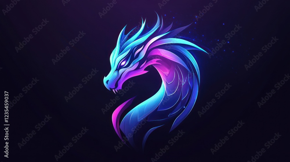 Fototapeta premium Neon Dragon Head Profile, Dark Background, Gaming Logo