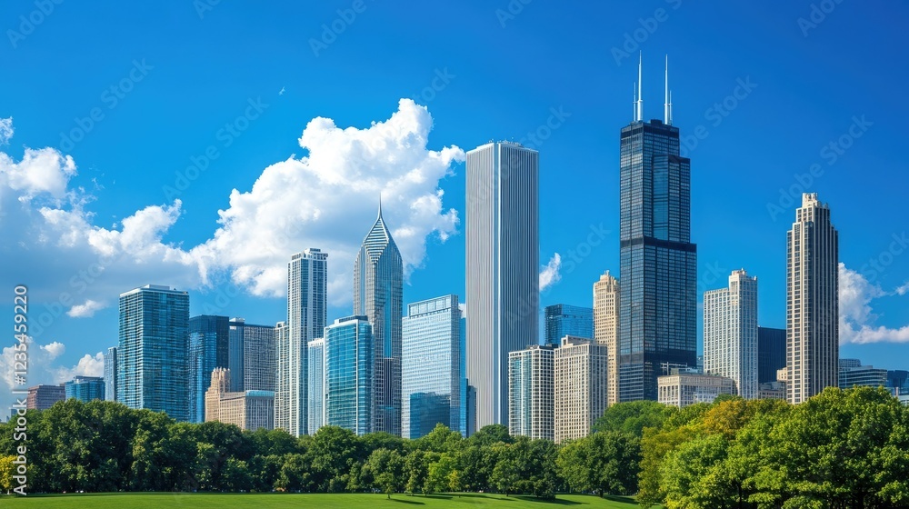Fototapeta premium Urban skyline showcasing cutting-edge architecture with reflective glass skyscrapers under a bright blue sky.