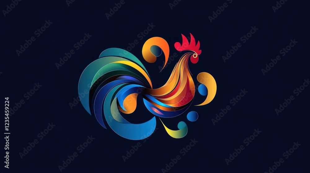 Obraz premium Colorful rooster illustration, abstract design, dark background, graphic art, website design
