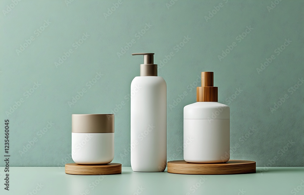 White cosmetic tubes and a jar mockup on a beige table background with copy space White cosmetic tubes and a jar mockup on a beige table background with copy space