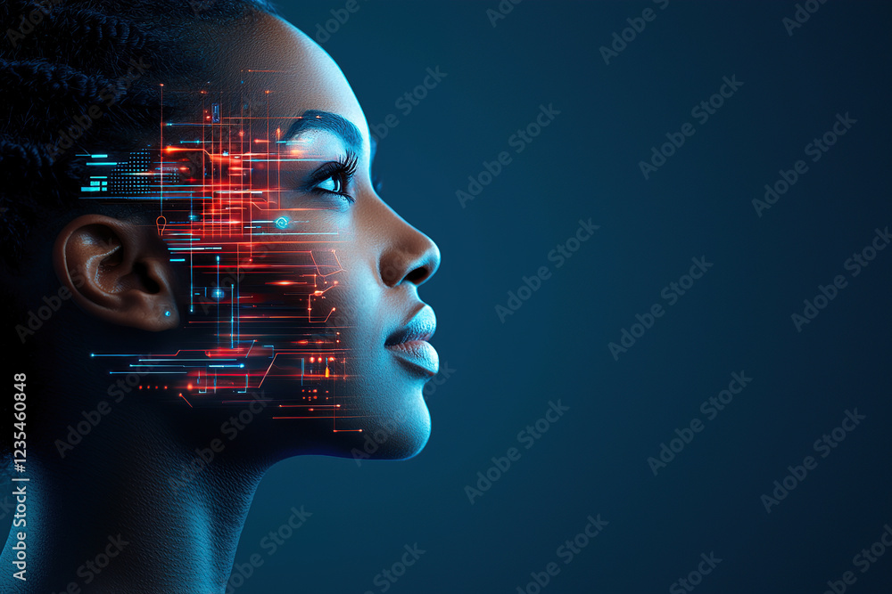 Obraz premium woman with digital interface elements on her face, symbolizing AI integration and futuristic technology. image conveys innovation and merging of human and artificial intelligence