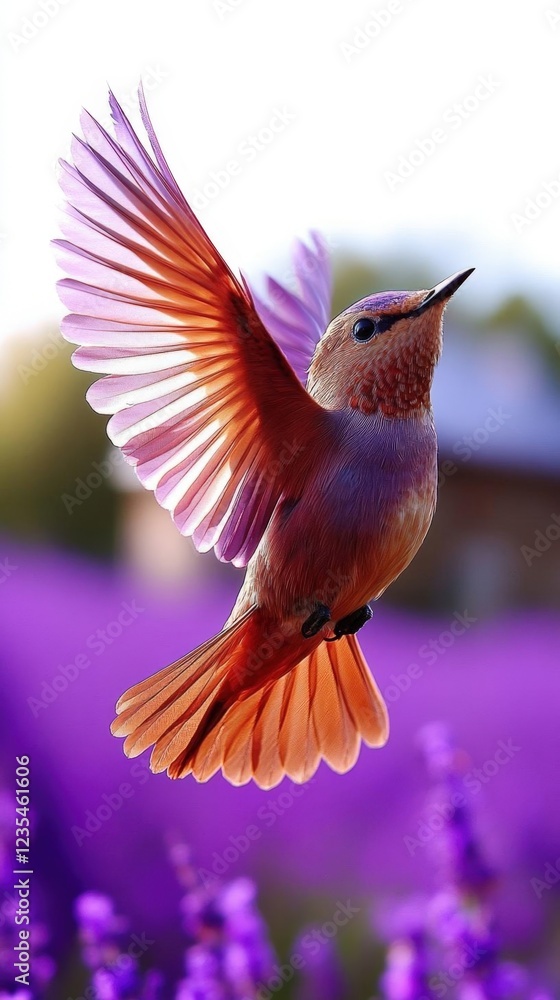 Fototapeta premium Hummingbird in Flight Above Lavender Field