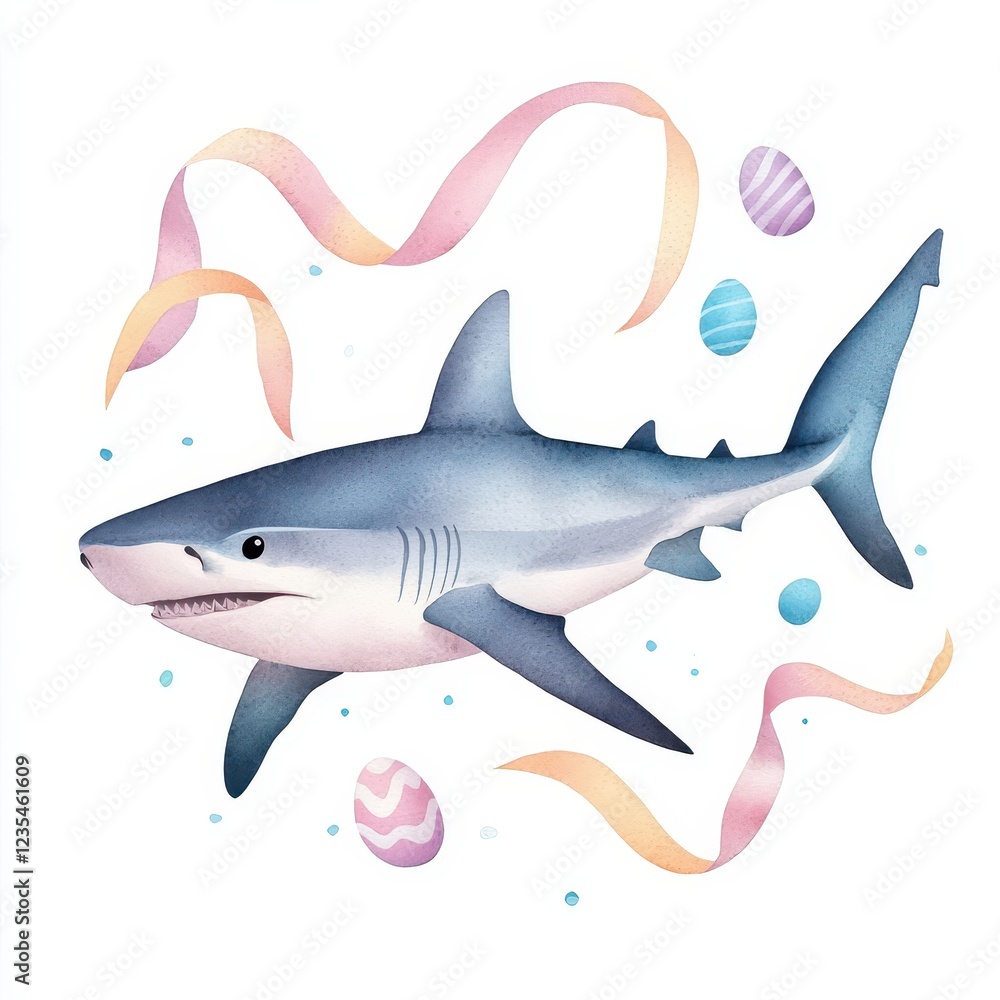 Fototapeta premium Shark swimming with colorful Easter eggs. Easter day watercolor illustration.