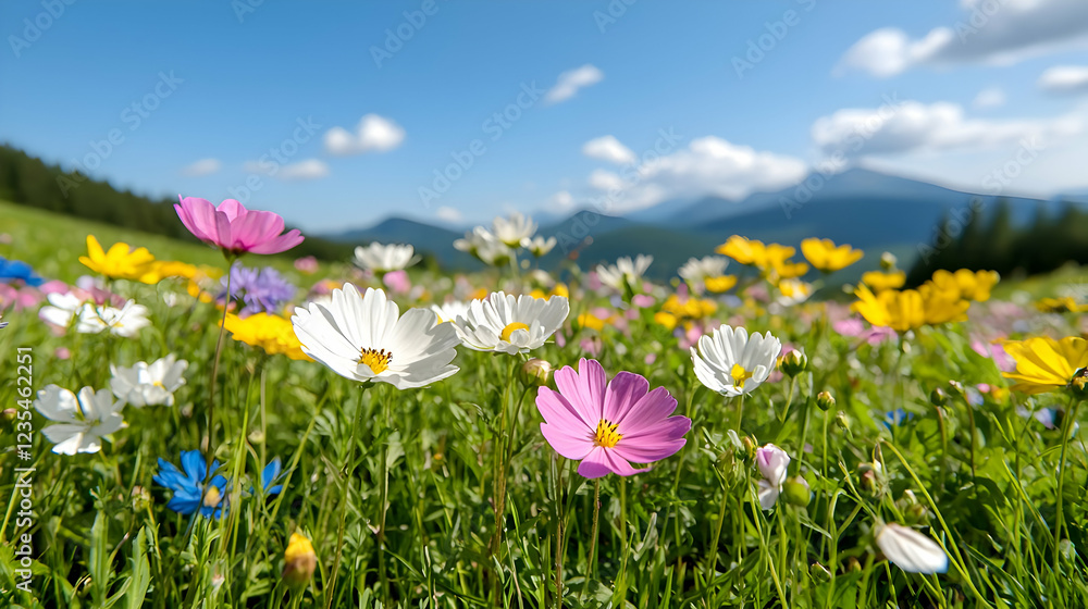 Colorful wildflowers meadow, mountain backdrop, sunny day, nature scene, ideal for greeting cards Colorful wildflowers meadow, mountain backdrop, sunny day, nature scene, ideal for greeting cards