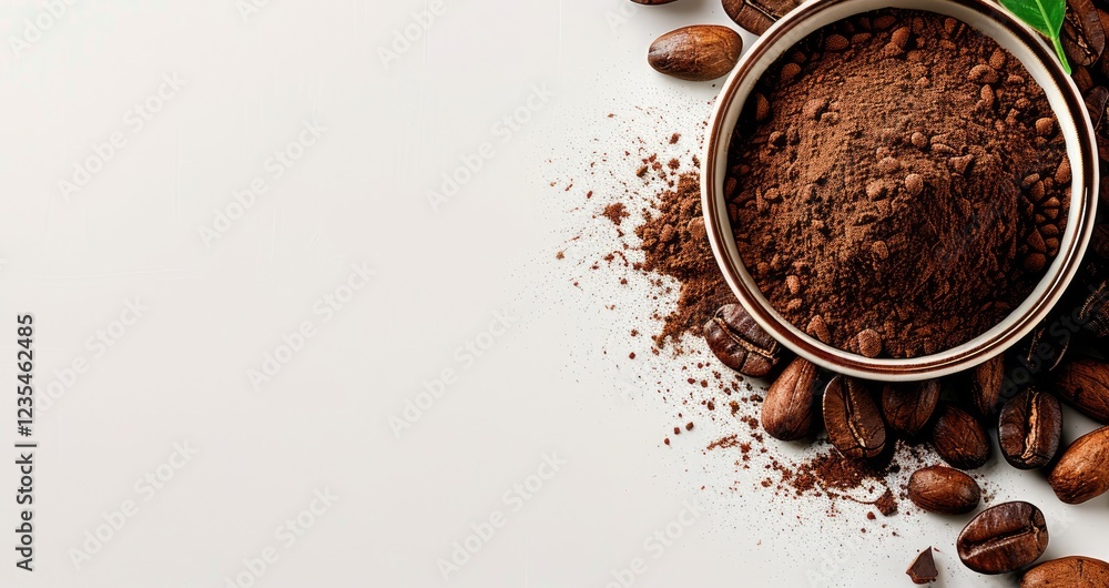 Ground Coffee in Metal Bowl with Coffee Beans on White Background Ground Coffee in Metal Bowl with Coffee Beans on White Background