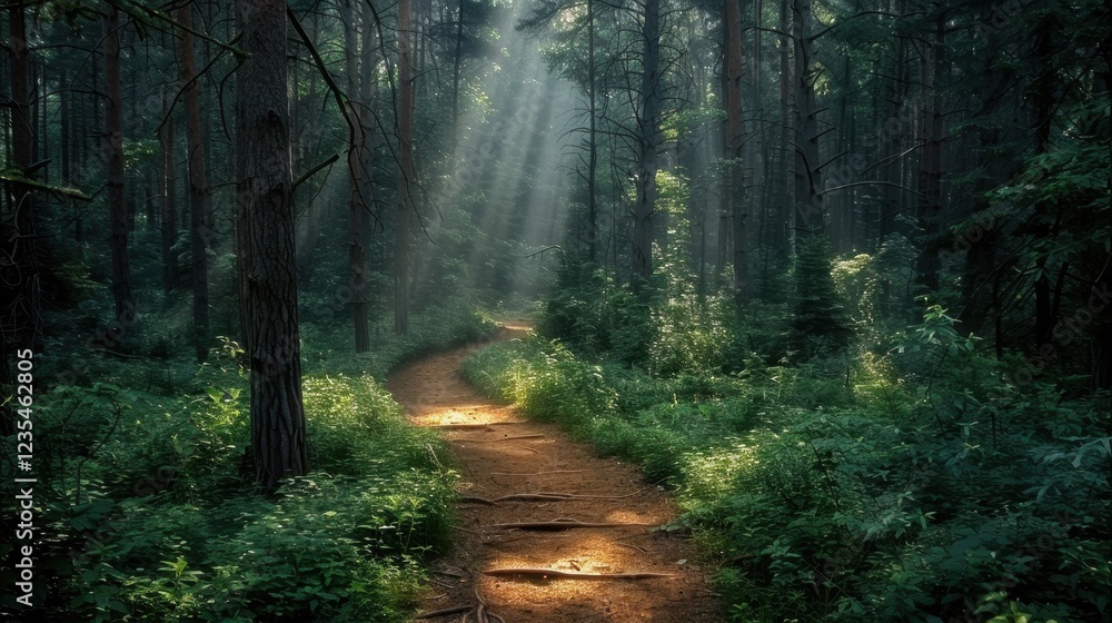 Fototapeta premium Sunlight breaking through forest canopy illuminating serene woodland path