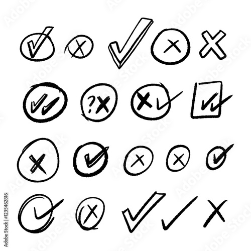Hand drawn doodle set isolated on white background. Vector grunge elements, check mark and cross signs for use in design.
