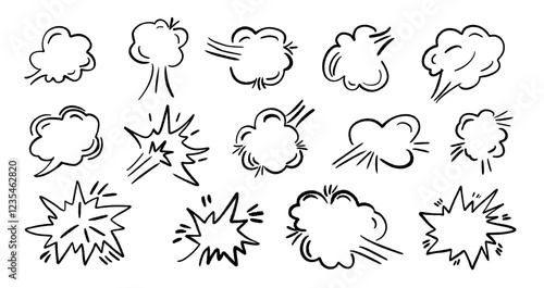 Hand drawn cartoon boom effect doodle vector set. Decoration graphic elements in grunge style.