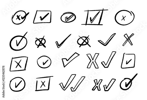 Hand drawn line element design in sketch or doodle style. Set of vector decoration graphic elements check mark and cross signs.