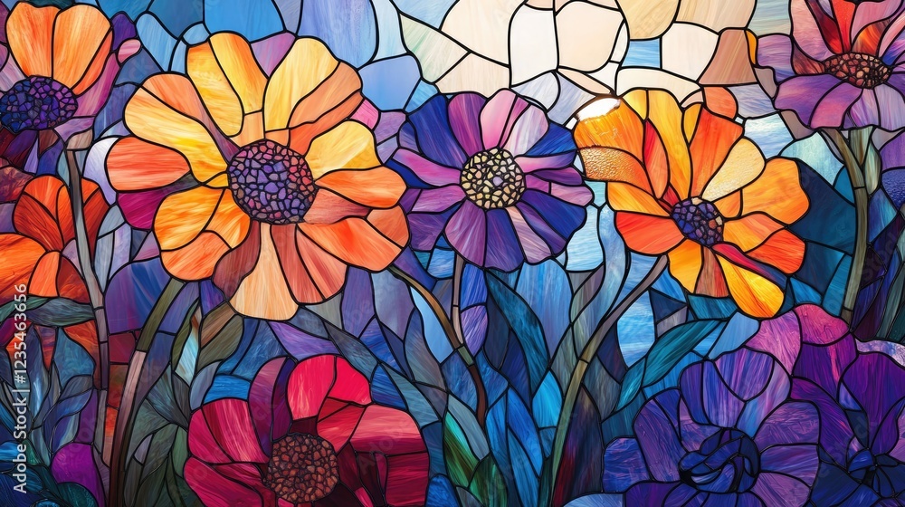 A detailed stained glass design showcasing vibrant flowers, glowing with sunlight and surrounded by rich, deep-colored patterns. A detailed stained glass design showcasing vibrant flowers, glowing with sunlight and surrounded by rich, deep-colored patterns.