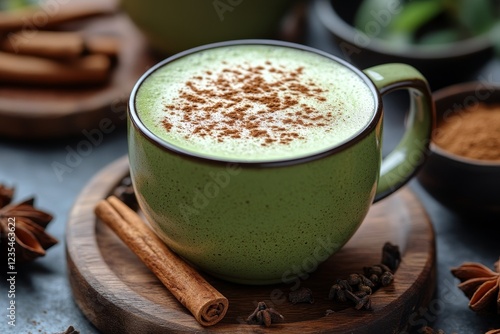 Matcha latte, cinnamon, spices, kitchen, drink
