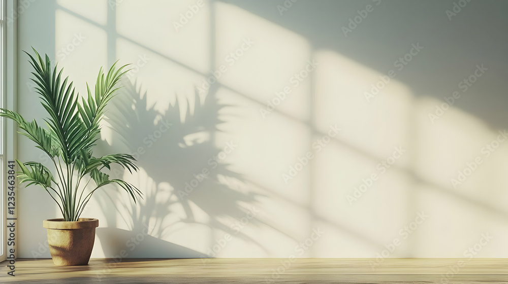 Serene Minimalist Room Background Illustration with Potted Plant and Sunlight Shadows Serene Minimalist Room Background Illustration with Potted Plant and Sunlight Shadows