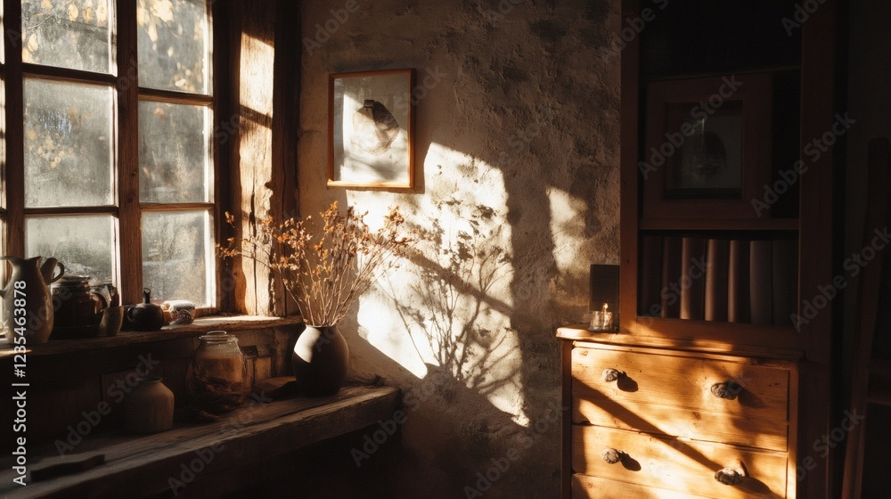 Sunlit Rustic Interior with Dried Flowers and Wooden Chest Sunlit Rustic Interior with Dried Flowers and Wooden Chest